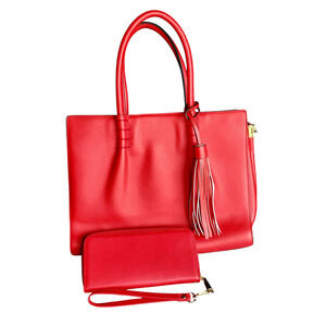 Red Faux Leather Satchel Bag Purse With Wristlet Wallet Brass Hardware Tassel